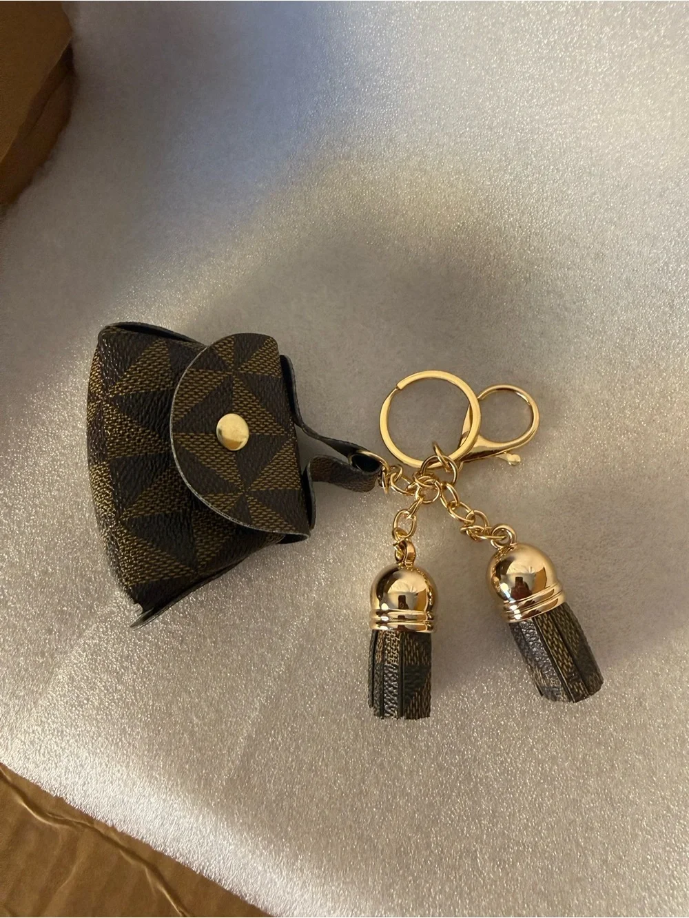 Mini Brown Checkered Purse Keychain with Gold Hardware